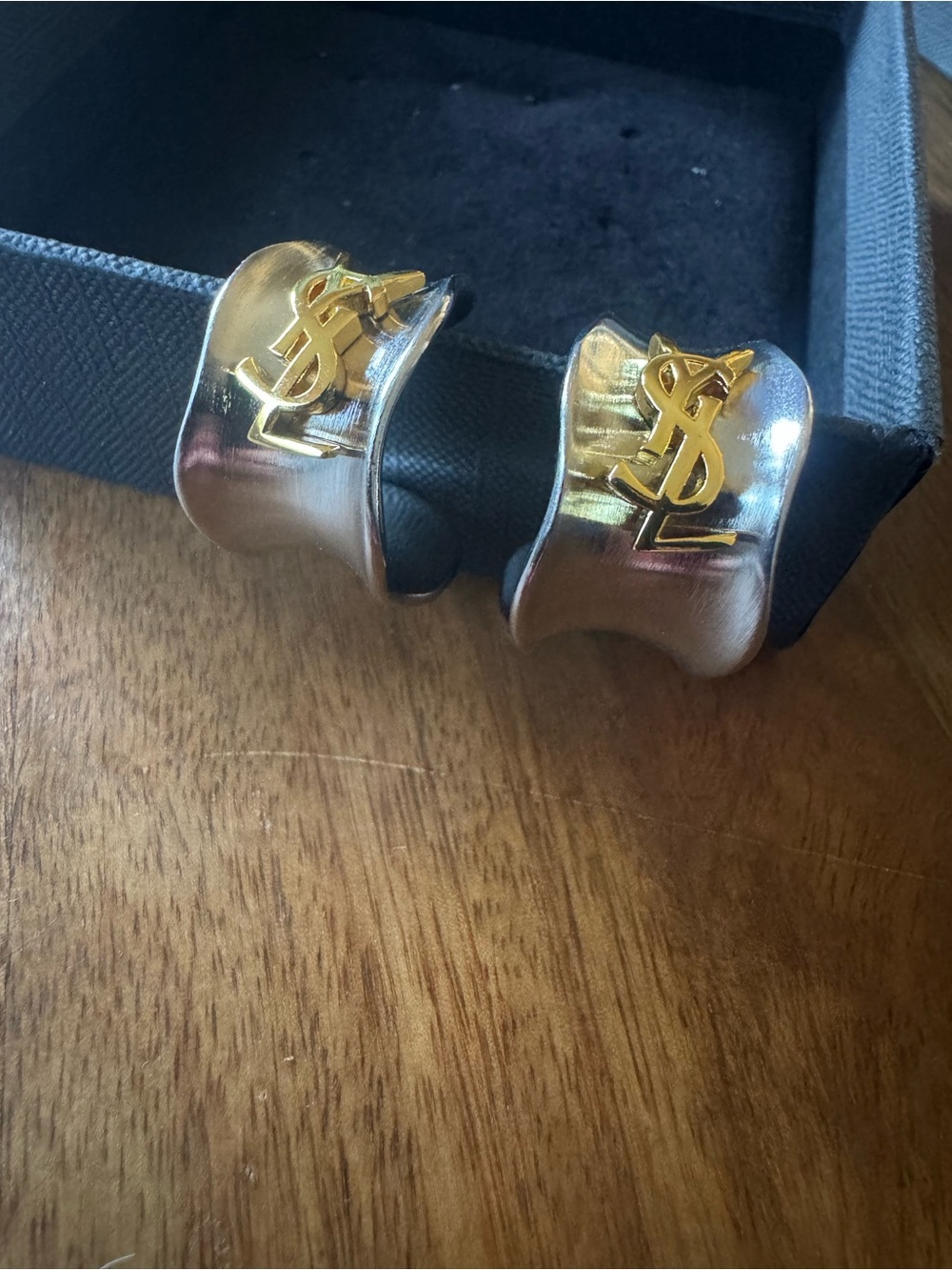 Saint Laurent Silver and Gold YSL Logo Cuff Clip Earrings - Picture 5 of 7